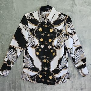 Peter Nygard Blouse Sz Small Petite black gold long sleeve